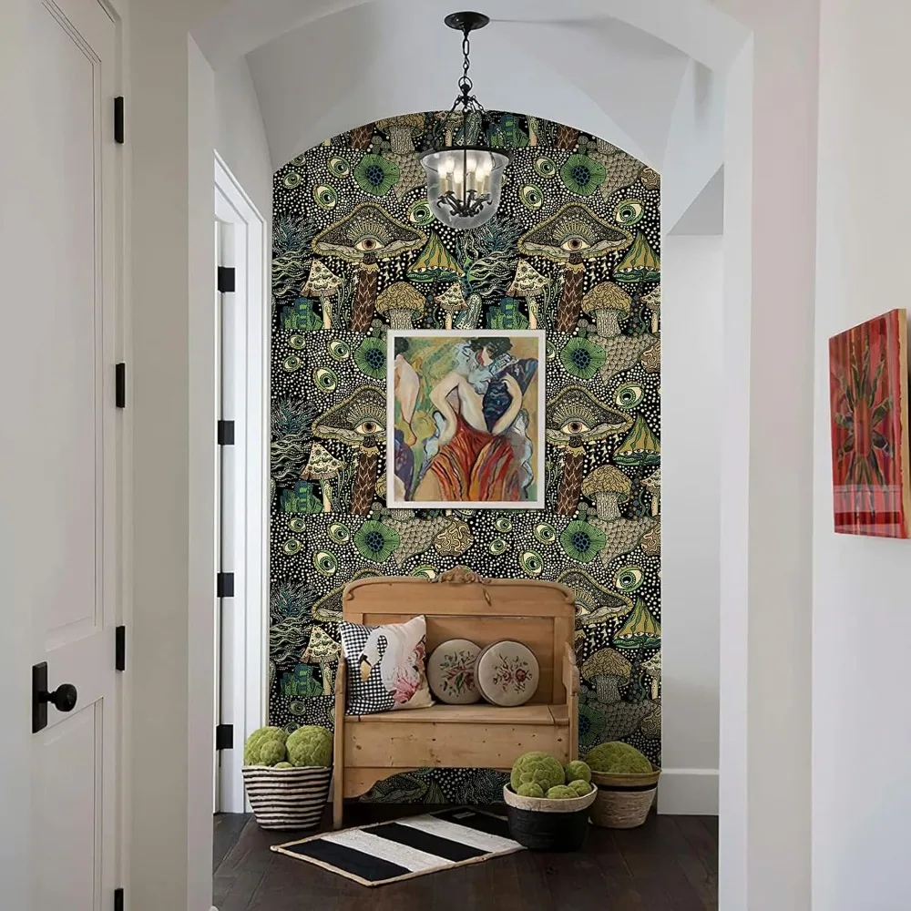 ورق جدران قابل للتقشير واللصق بتصميم فطر بوهو زهري - ذاتي اللصق لغرفة النوم والحمام، بطول 17.7 بوصة × 98.4 قدم