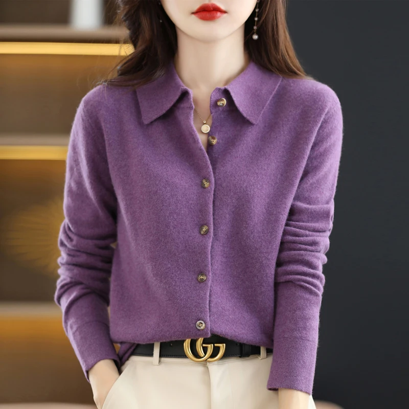 

100% pure wool POLO neck knit cardigan solid color loose long-sleeved bottoming shirt coat jacket woman