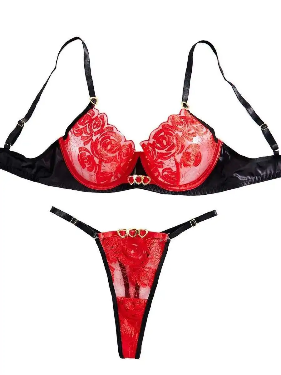 Bikini sexy da donna ricamato a fiori sottili Rosso San Valentino con anello in acciaio che raccoglie set reggiseno sexy affascinante bellissimo 48FQ