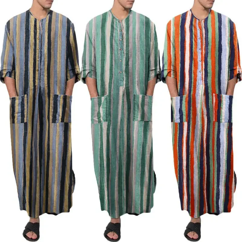 Men Sleep Robe Trendy Muslim Jubba Thobe Men Islam Kaftan Cotton Pakistan Saudi Arabia Djellaba Long Sleeve One-Piece Long Dress