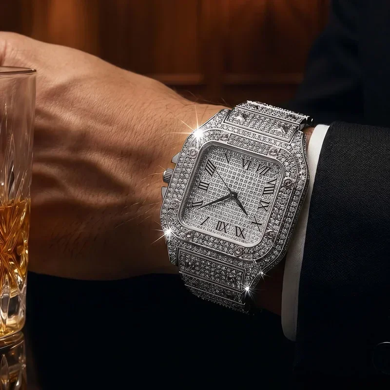 Square Diamond Encrusted Starry Sky Dial Steel Strap Luxury Male Casual Business Wristwatch for Student Gifts