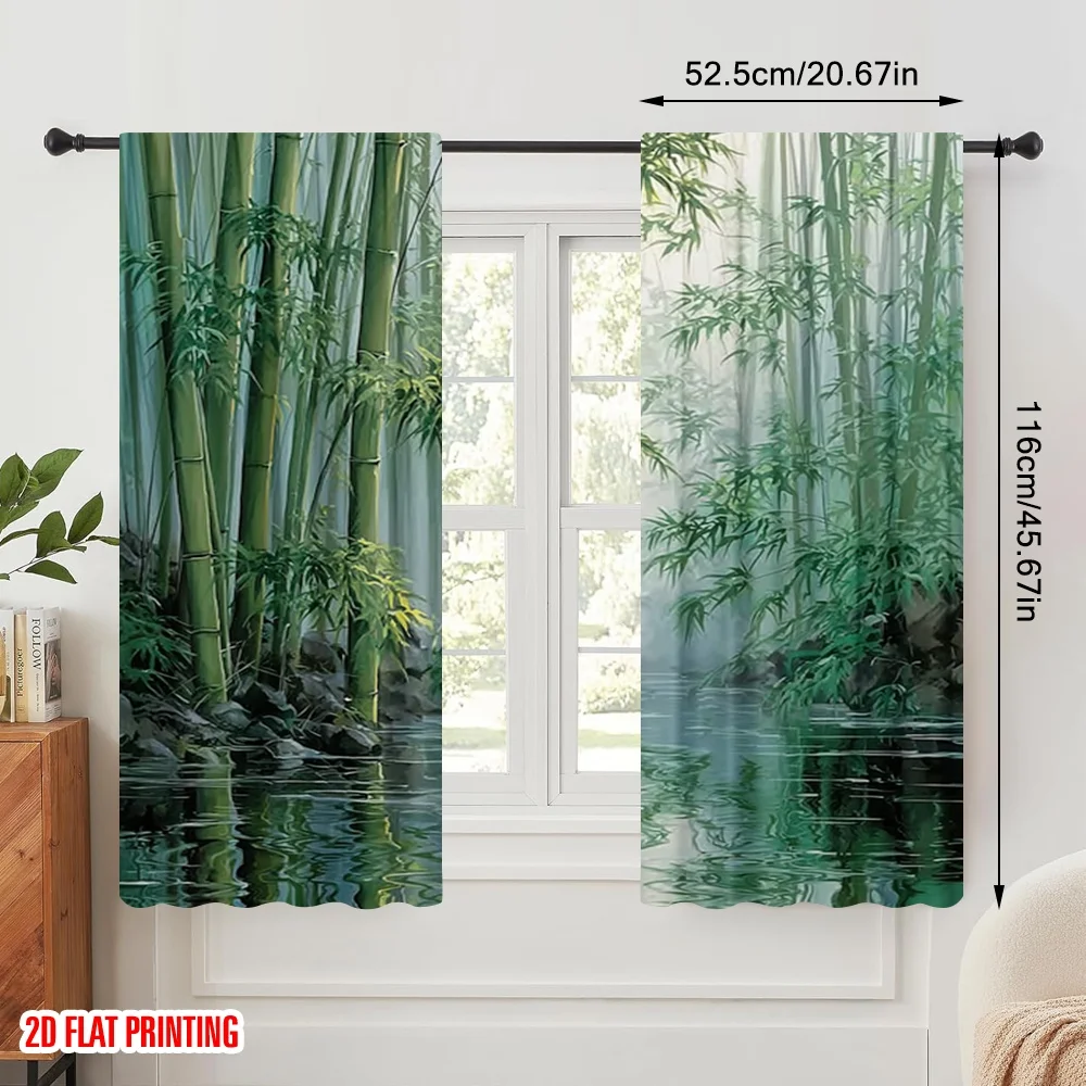 2pcs 2D flat printing Window Drapes Tranquility bamboo forest 100% Polyester Without Electricity Party Decorations for Home Wall