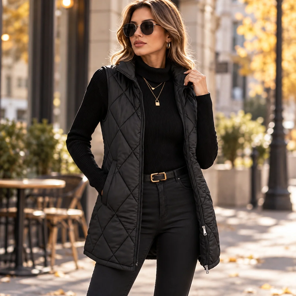 Quilted Coat Diamond Pattern Mid Long Length Commuter Style with Elegant Commuter Winter Vest Winter Stand Collar Women Vest