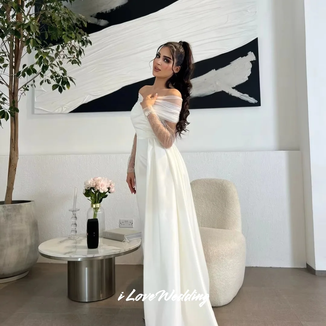 White Off Shoulder Evening Dresses 2025 Satin Long Sleeve Beaded Mermaid Ankle-Length Pleated Wedding Party Dresses Customized