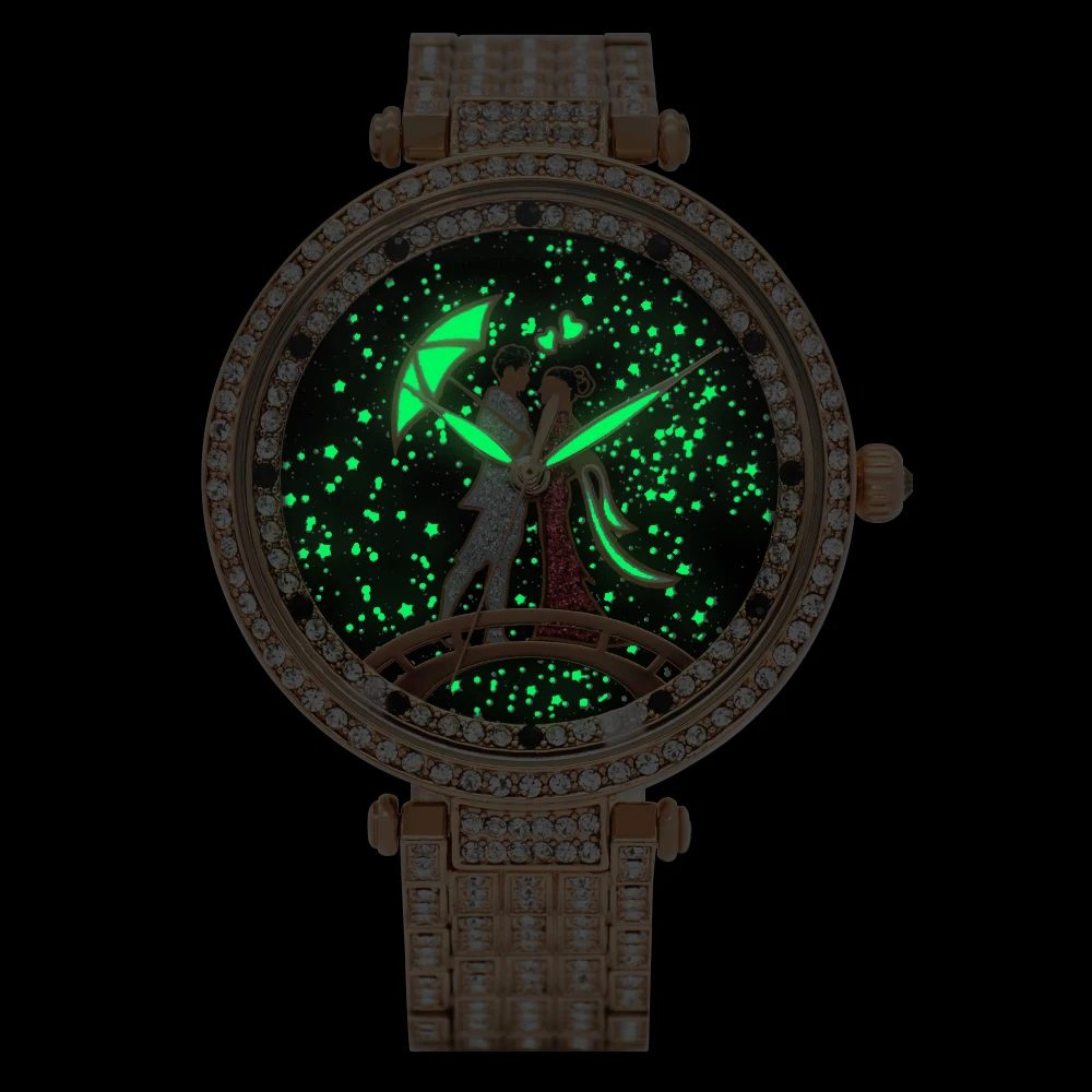 Orologio da donna al quarzo con diamanti di lusso Orologio da donna con cinturino in oro rosa in acciaio inossidabile di alta qualità Orologio luminoso impermeabile