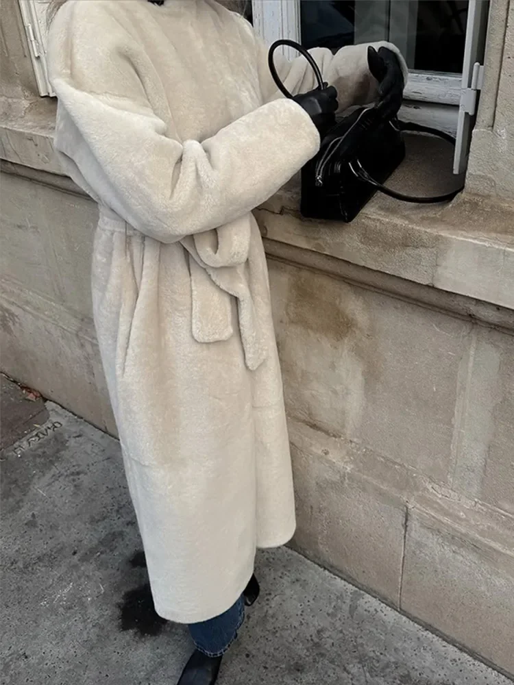 Women Elegant Lace Up Faux Fur Long Jacket Plush High Neck Full Sleeve Loose Warm Long Coats Lady Winter Commute Street Outwear