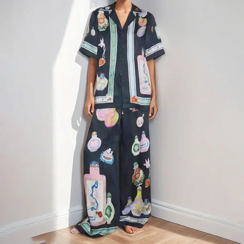 

Faionable Printed ort Sve Color Blo Holiday Women's Set Independent Station High Waist Long Pants Polyester Spring 2025