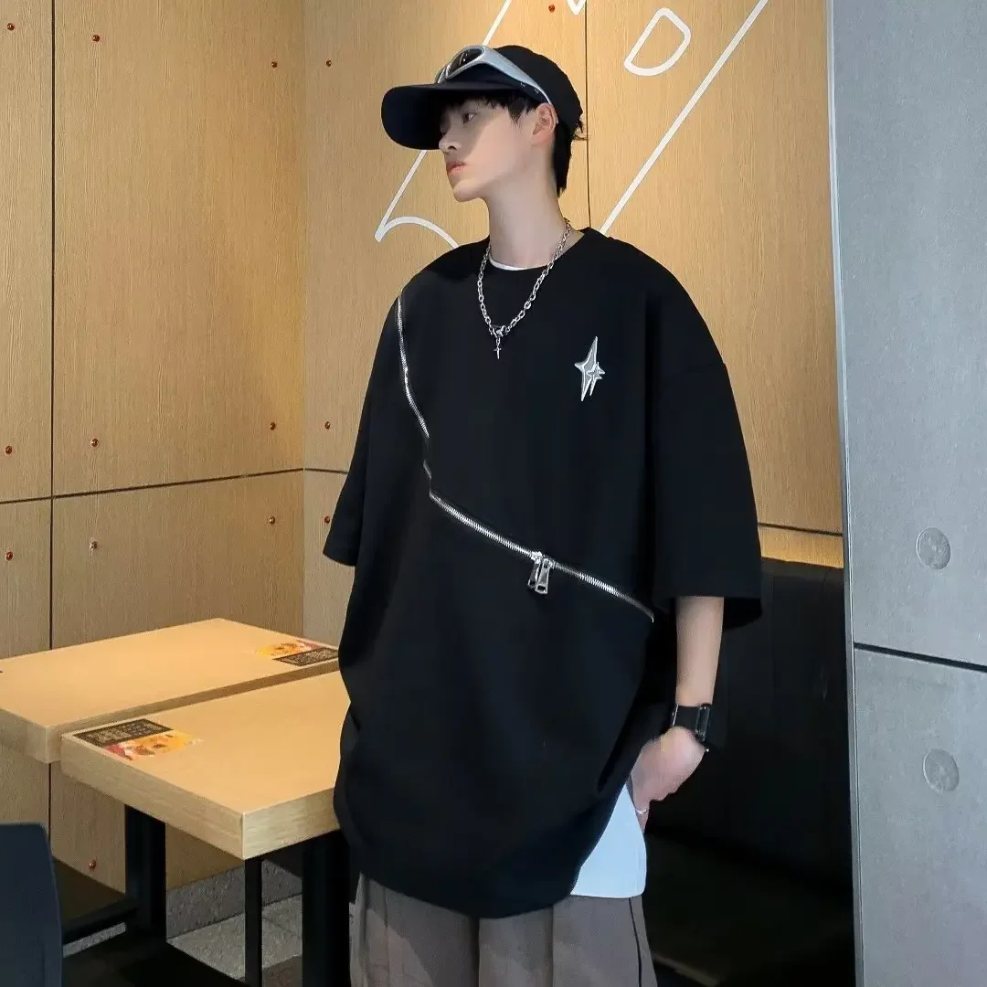 

Korean Style Diagonal Zipper Design T Shirt Men Summer Fashion Harajuku High Street Loose Short Sleeves T Shirt Tops Y2k Shirts