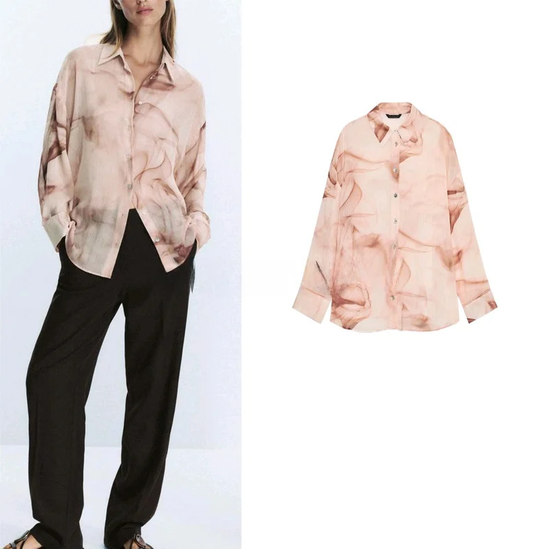 

Autumn New Arrival Women's irt Bamboo Fiber Long Sve Light Weight Dyed Printing Loose Fit Polyester Casual irt