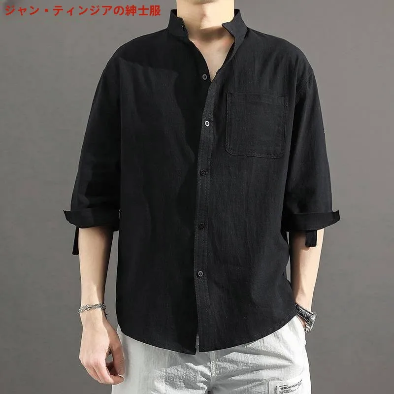

Men's Cotton Linen Shirt Short Sleeve Stand Collar Seven Sleeve Korean Style Handsome Trendy Dk Top for Middle-Aged And Elderly