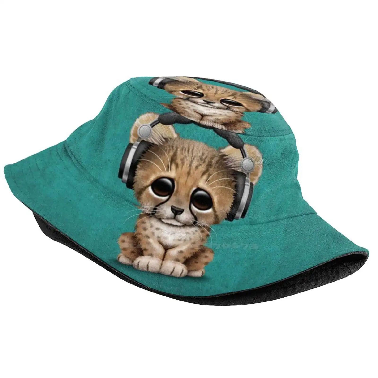 Cute Cheetah Cub Dj Wearing Headphones On Blue Flat Top Breathable Bucket Hats Baby Cheetah Cheetah T Dj Cheetah Wearing