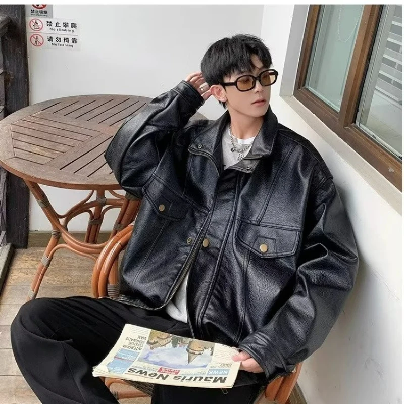 2023 Retro Motorcycle Soft Leather Jacket Mens Japanese Faux Leather Flip Collar Pu Bomber Coat  Autumn Winter Fashion Outwear