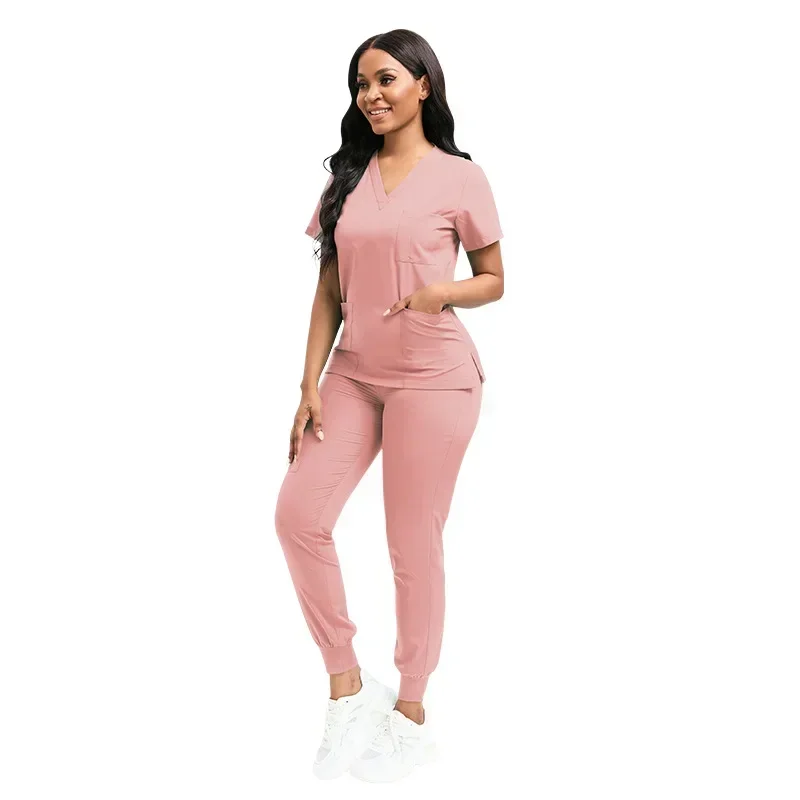 Vrouwen V-Hals Korte Mouw Scrubs Chirurgische Verpleegkundige Uniformen Verpleegkundige Zak Werkkleding Tandarts Medische Uniformen Kliniek Scrub Pak