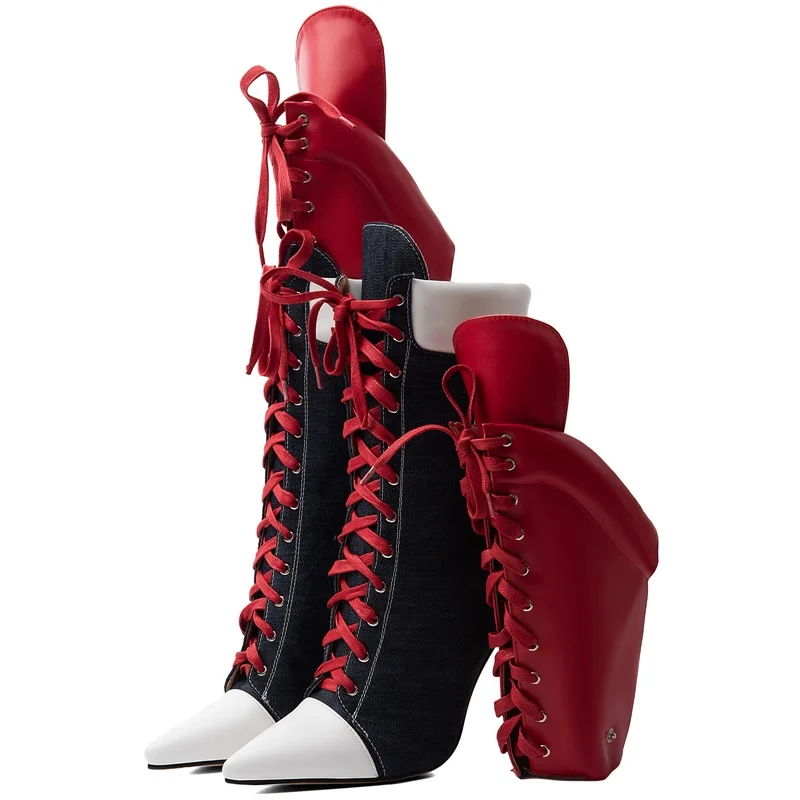 Contrast Red White Patchwork Pointed Toe Lace‑Up High Heel Booties Two Pieces Mixed Leather Thin Heels Mid-calf Boots