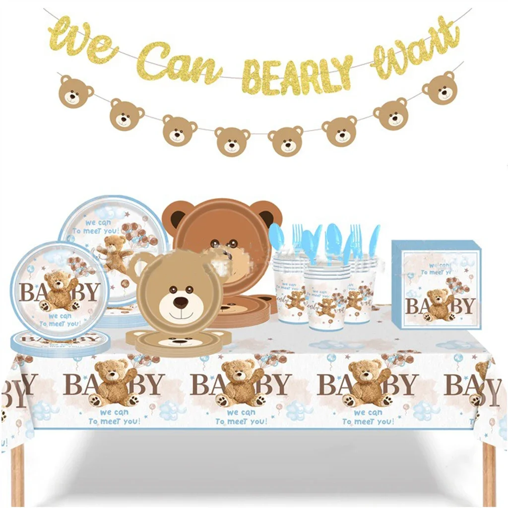 10Guess Cute Bear Teddy Chicken Britanware, Baby Shower, We Can to Meet You, Assiettes pour garçon et fille, Serviette standard, Baby Wait,