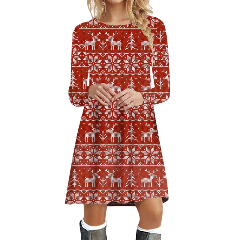 2023 Winter Christmas Tree Party Dresses For Women Oversized Long Sleeve Dress Elegant Sweet Casual Deer O-Neck Autumn Clothes