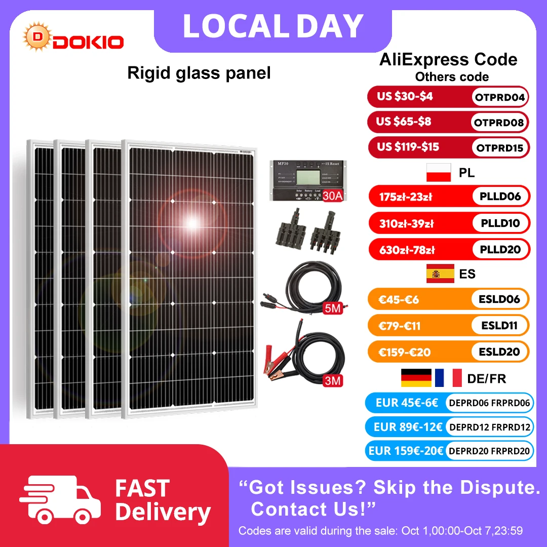 Kit Pannello Solare Monocristallino Rigido Impermeabile Dokio (100W/200W/400W) con Regolatore - per Casa e Ricarica Batteria Auto 12V