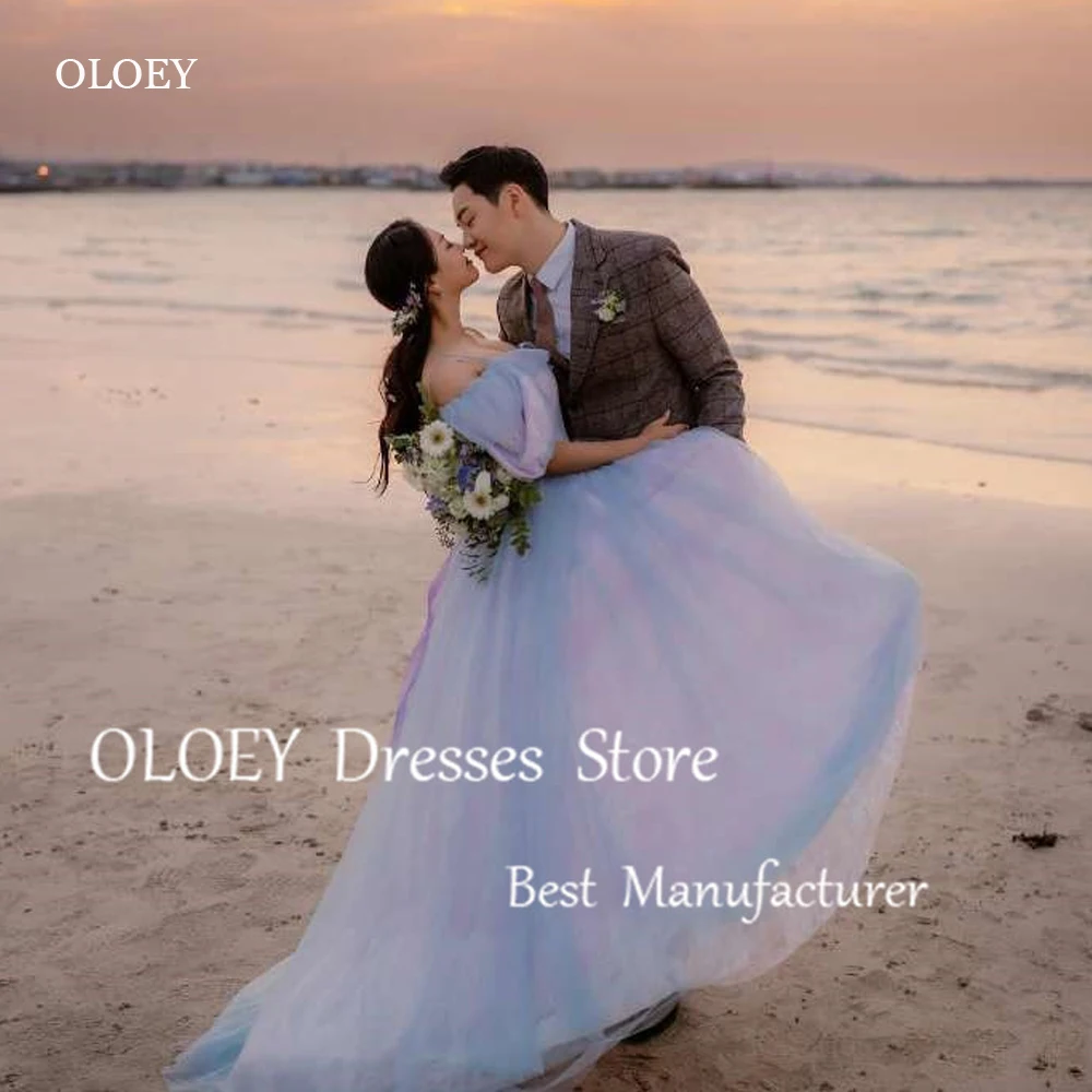 OLOEY Fairy A Line Tulle Koreaq Wedding Photo shoot Off Shoulder Sleeves Bride Garden Evening Party Gowns Bridal Dress Corset