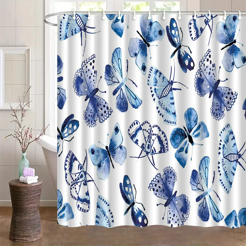 Blue Floral Bird Shower Curtain Machine Washable All Season Waterproof Privacy Protection  Elegant Design Chinese Style 12 hooks
