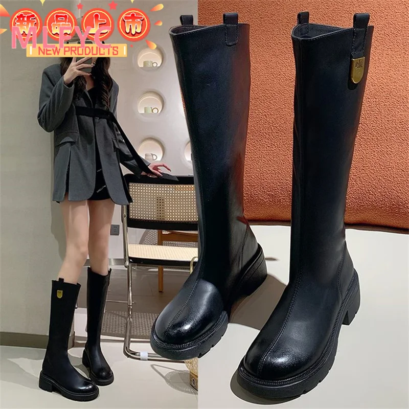 High Barrel Damen lange Stiefel Herbst und Winter neue Vintage dicke Absätze zurück Reiß verschluss Ritter Stiefel mit mittleren Absätzen