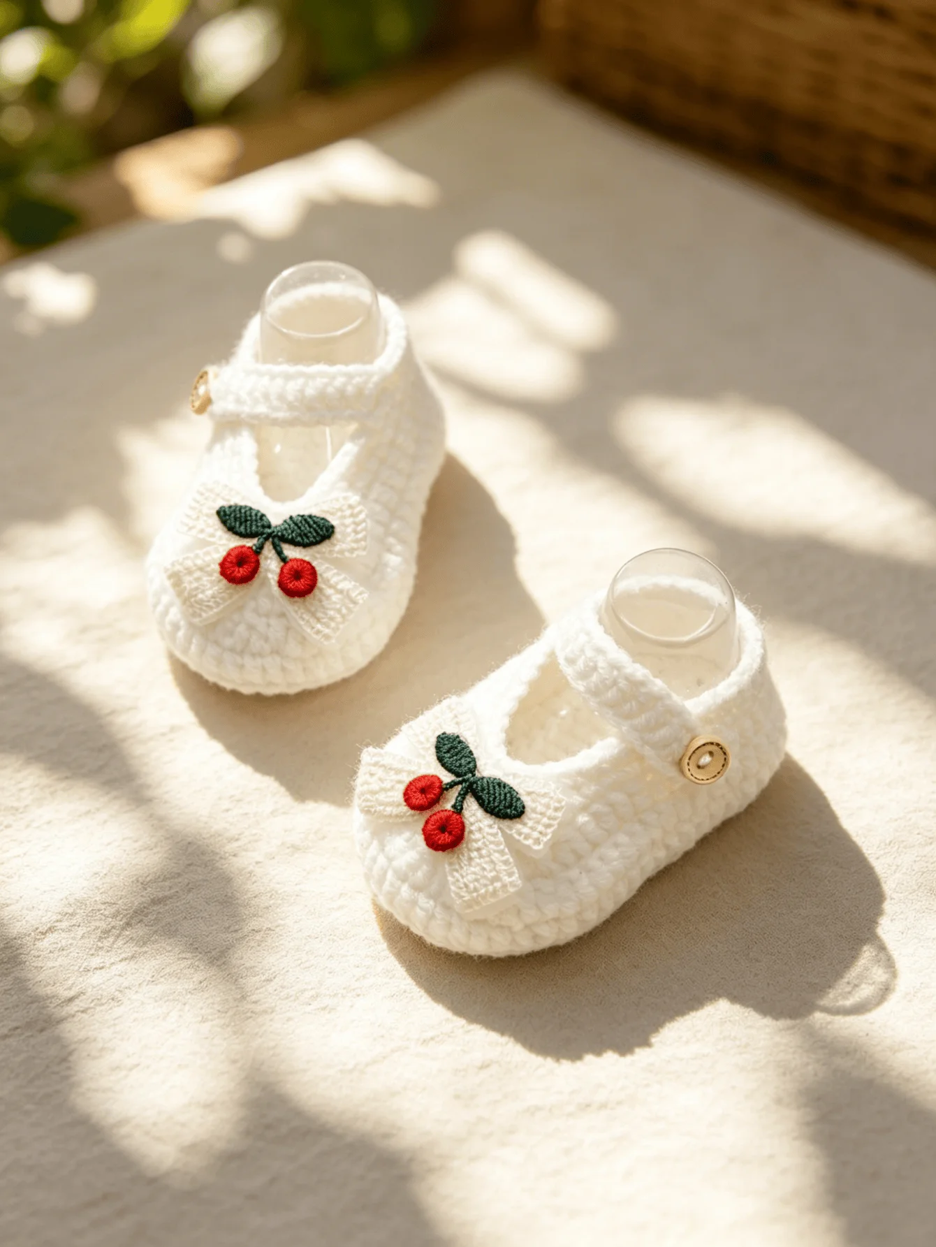 1 Pair Baby Girl Crochet Mary Jane Booties, White, Cherry Embroidered Bow with Button Strap, Infant Shoes