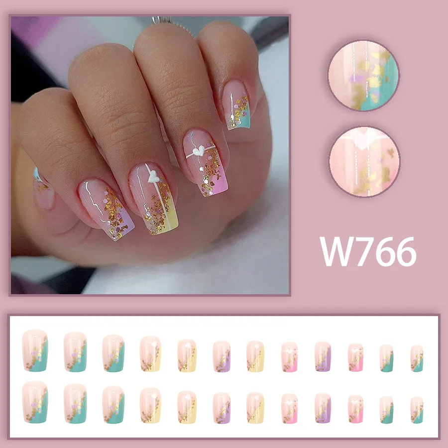 24 Pcs Multi-color French Cute Fashion Fake Nails Sets Medium Girls Stick on Nails Set Square Press on Acrylic Nails with Charms