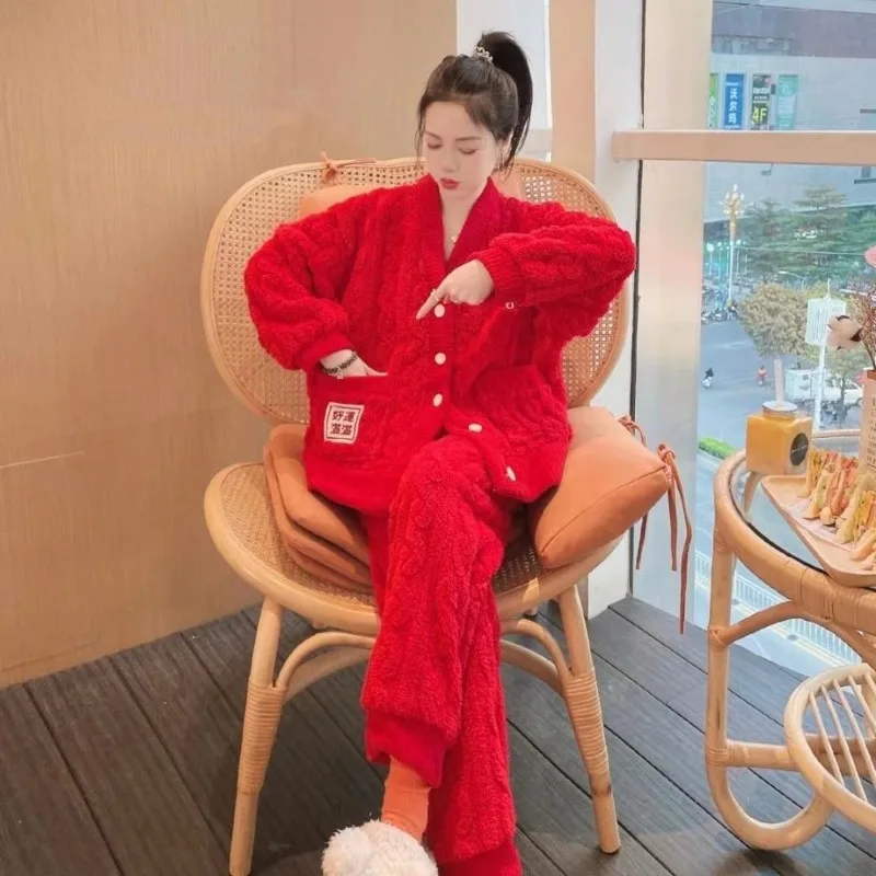 Extra Thick Coral Velvet Women Pajama Women Go Out To Wear Autumn and Winter Pajama Autumn and Winter Luck Full Nightgown 2025