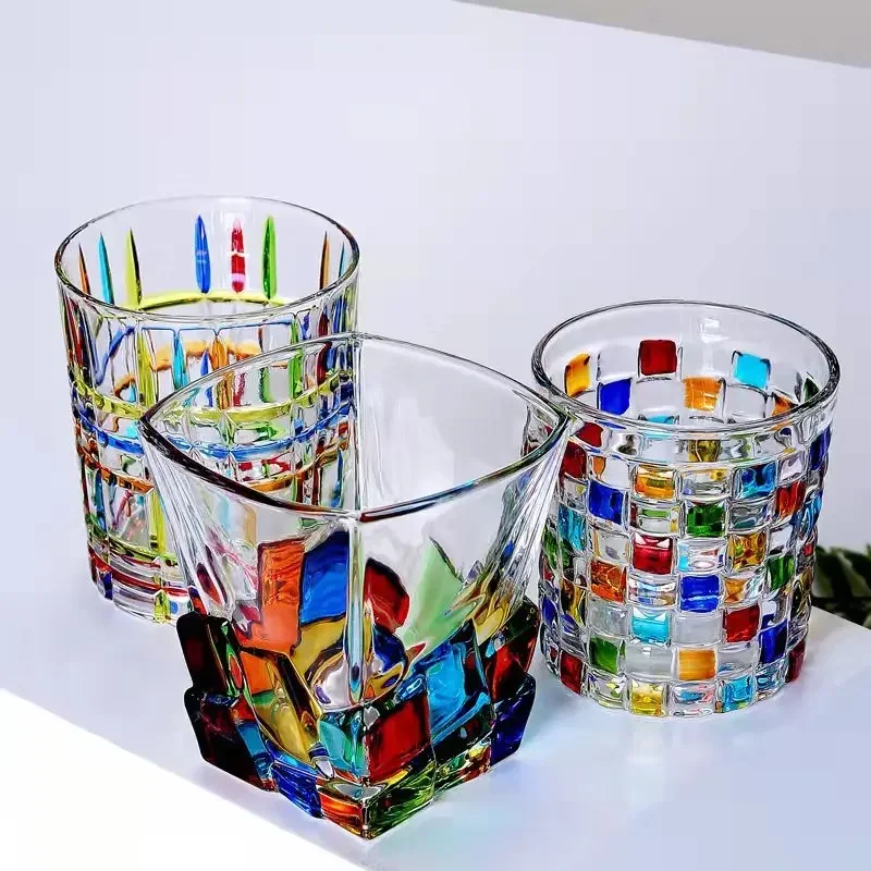Stained Glass Colored Squares Line Weaving Openwork Transparent Geometric Pattern Wine Glass Cocktail Glass Handmade Gifts