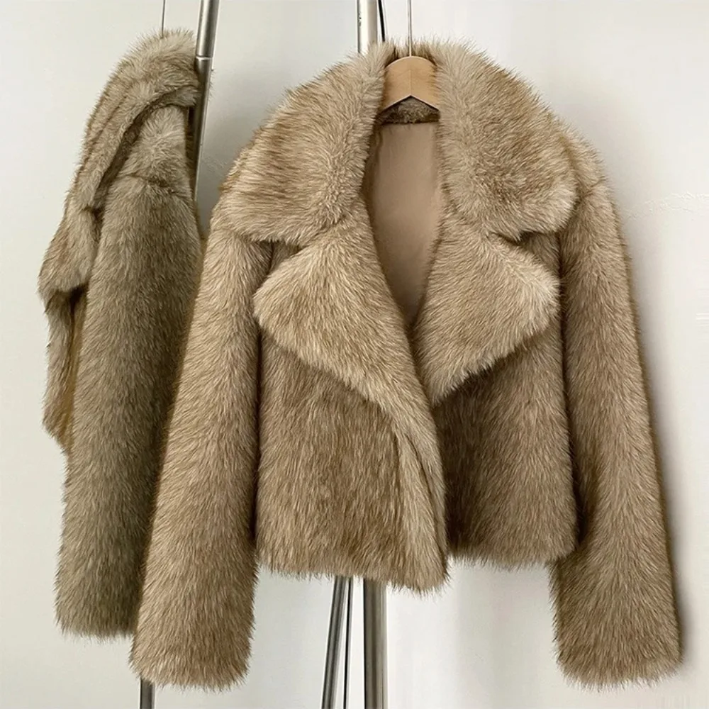 2025 invierno otoño mujer chaqueta de piel sintética abrigo sólido caqui manga larga grueso cálido prendas de vestir abrigo mullido para mujer