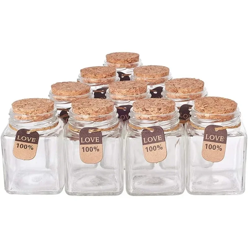 10 Pack 3.4oz 100ml Glass Favor Jars with Cork Lids Tags and Strings Square Glass Jars for Home Party Candy Snacks