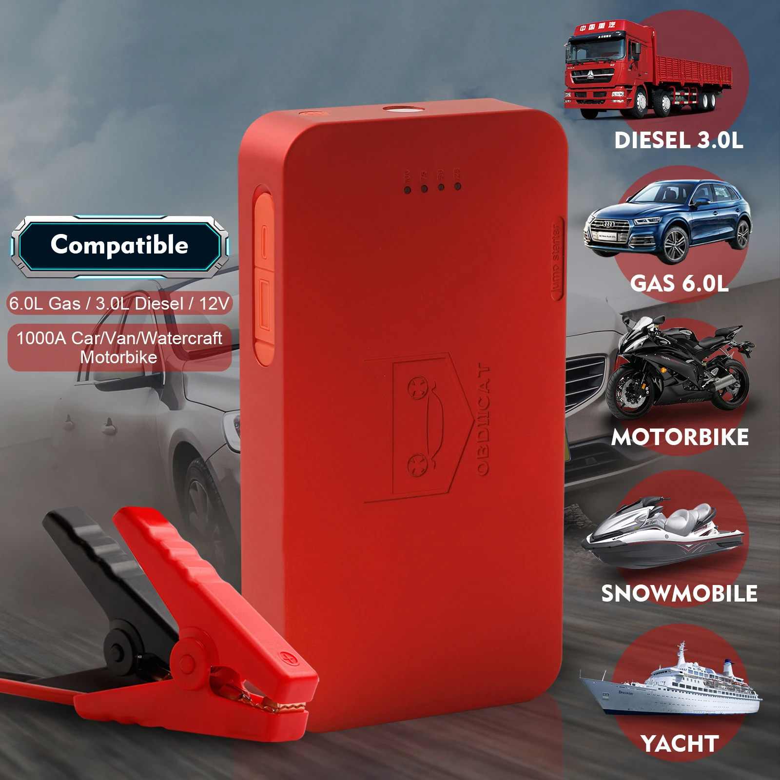 Russion Stock!OBDIICAT-D16 Car Jump Starter Emergency In Cold Winter Multi-function Booster Car Charger Battery Power Bank