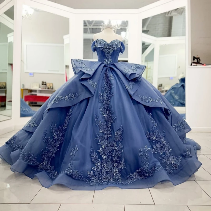 Navy Blue Glitter Quinceanera Dresses Off Shoulder Ball Gown Sweet 16 Dress Applique Lace Beading Bow Tull Party Birthday Vetido