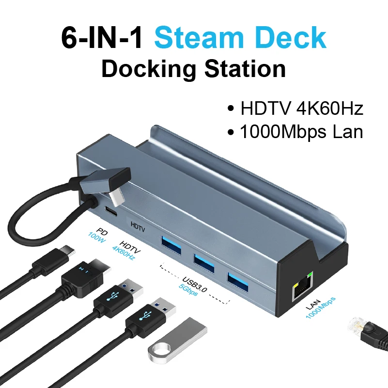

6-in-1 USB-C Steam Deck Docking Station with 4K60Hz HDTV, 1000Mbps LAN, 3x USB 3.0 5Gbps, PD 100W and Aluminum Alloy Case