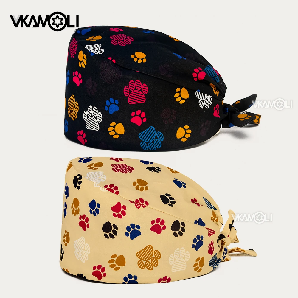 Pet Footprint Pattern Ponytail Scrub Cap, Unisex Surgical Hat for Pet Hospital Nurses Doctors