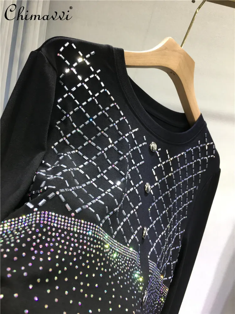 

European Heavy Rhinestone Base Shirt Women Fashion Round Neck Plaid Long Sleeve T-Shirt New Spring Black Slimming Pullover Top