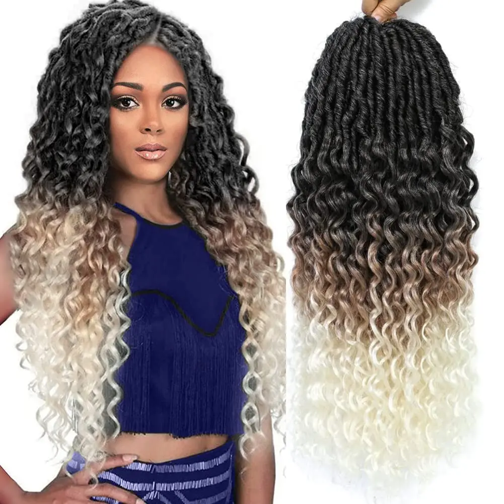 Synthetic 24Inch Long Deep Wave Curly Faux Locs Crochet Braiding Goddess Locs Ombre Bohemian Soft Locks Hair Extensions