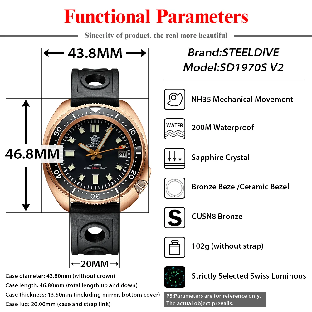 STEELDIVE SD1970S V2 Luxury Bronze Dive Watch Sapphire Mirror Swiss Luminous NH35 Movement 200M Waterproof Mechanical Abalone