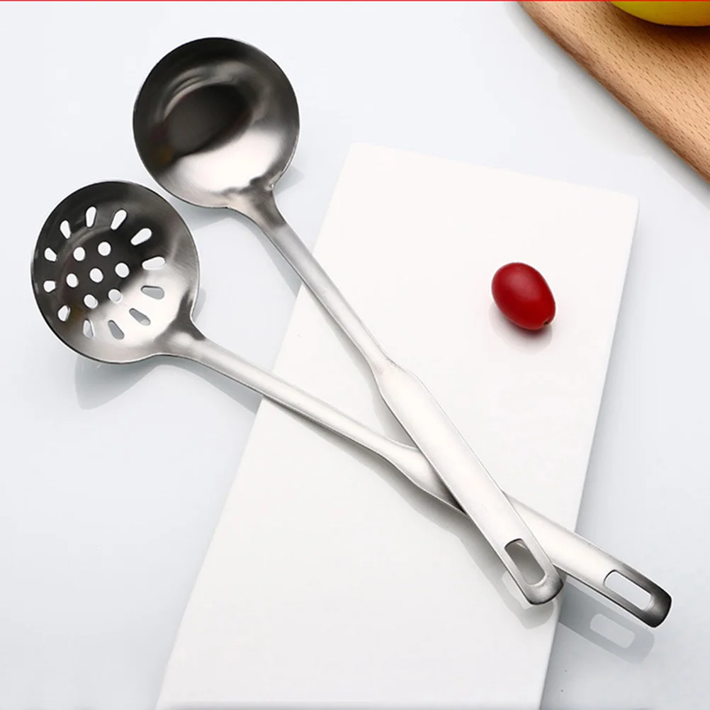 

2Pcs Stainless Steel Soup Ladle Hot Pot Spoon Set Rustproof Long Handle Hanging Hole Cooking Tool for Home Restaurant