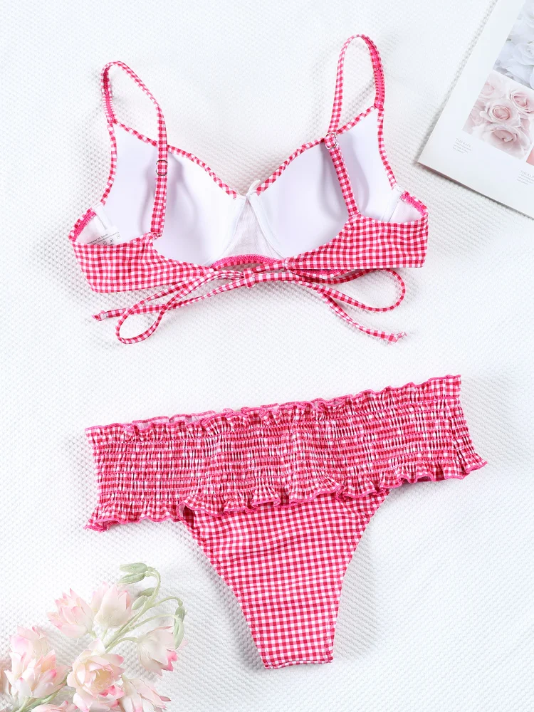 Push Up Bikinis String Swimwear Women Plaid Print Swimsuit Sexy Bikini Set Two Piece Suits Fresh Beachwear Summer Bathing Suits