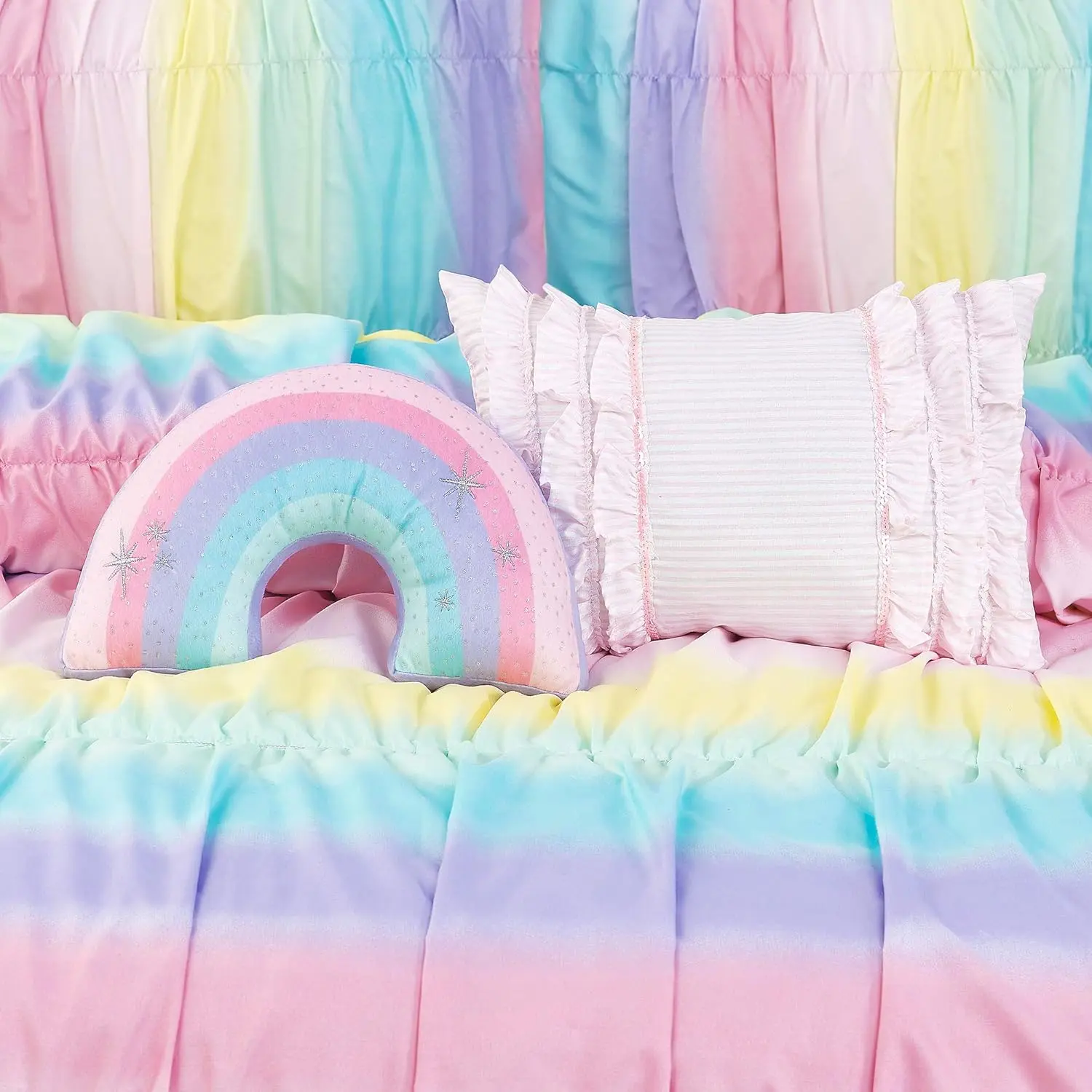 

Rainbow Ruched 5-Piece Reversible Comforter Set, Featuring Ombre Pattern of Pinks, Yellow, Mint, Aqua, and Pastel , Bedding, Su