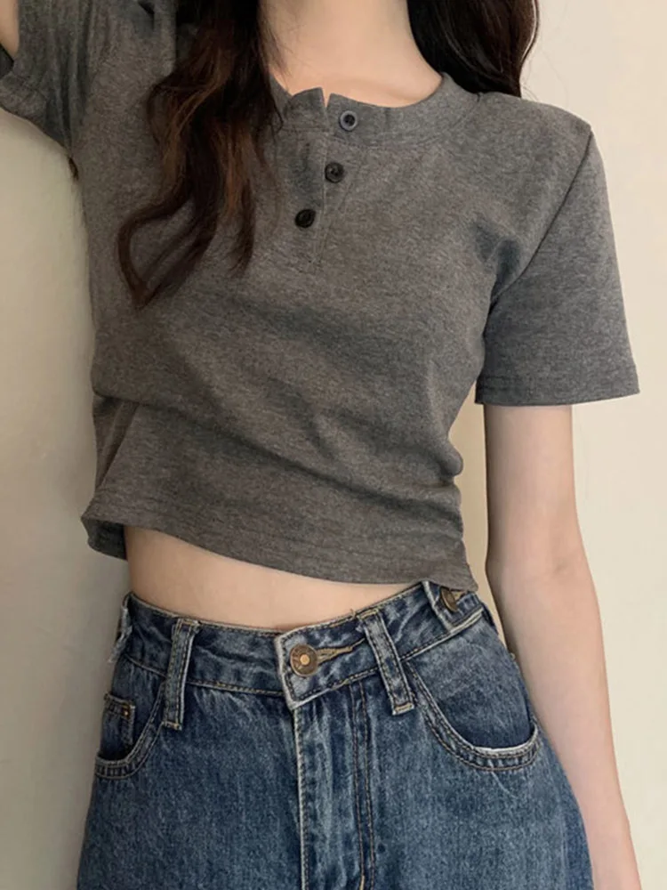 women t-shirt open button short Sleeve Crop Top Ladies Clothing 2024 Solid Basic T Shirt Casual Skinny White Slim Female Tops