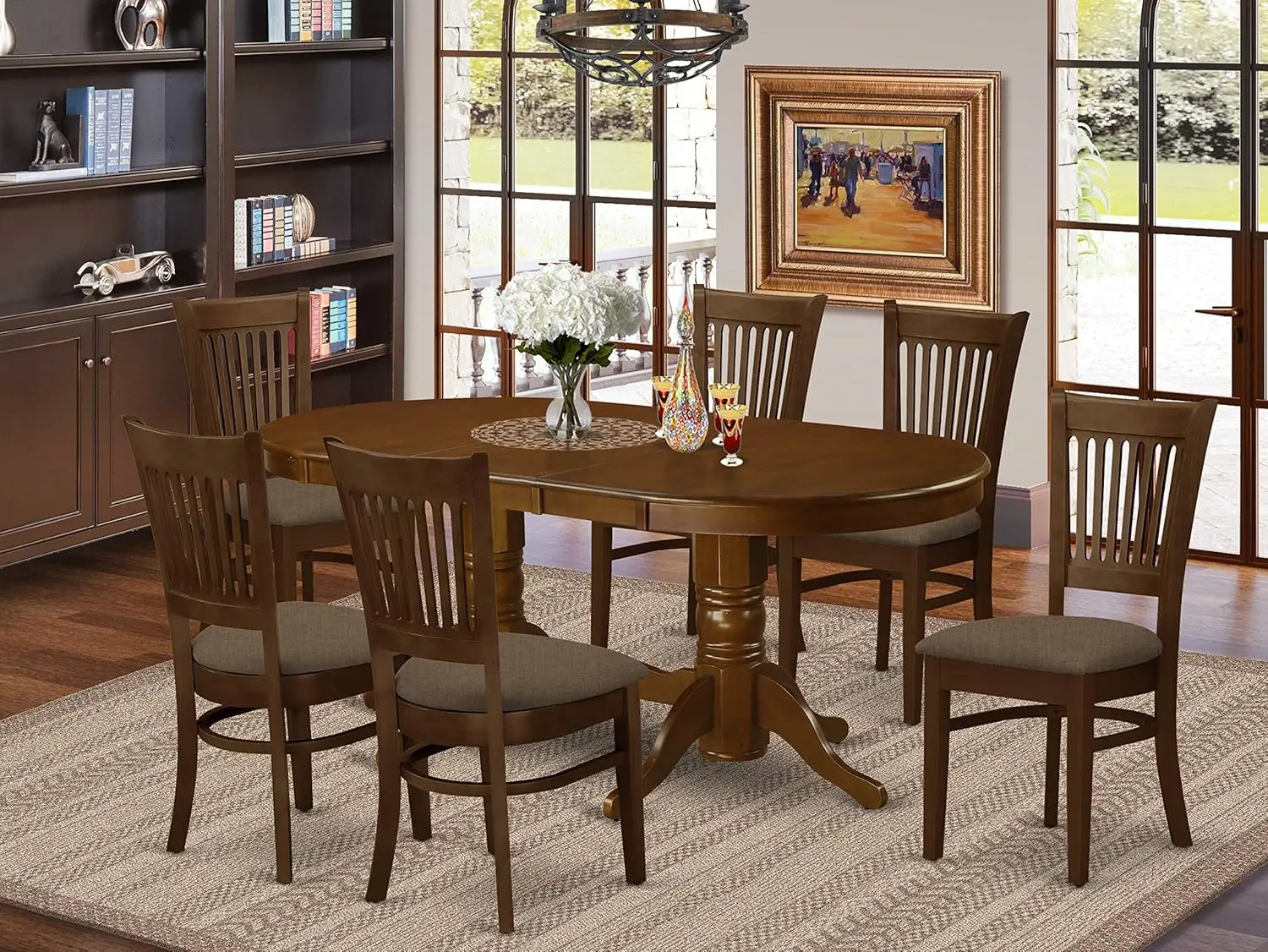 

7 Piece Kitchen Table Chairs Set Consist of an Oval Dining Room Table with Butterfly Leaf and 6 Linen Fabric Upholstered Chairs