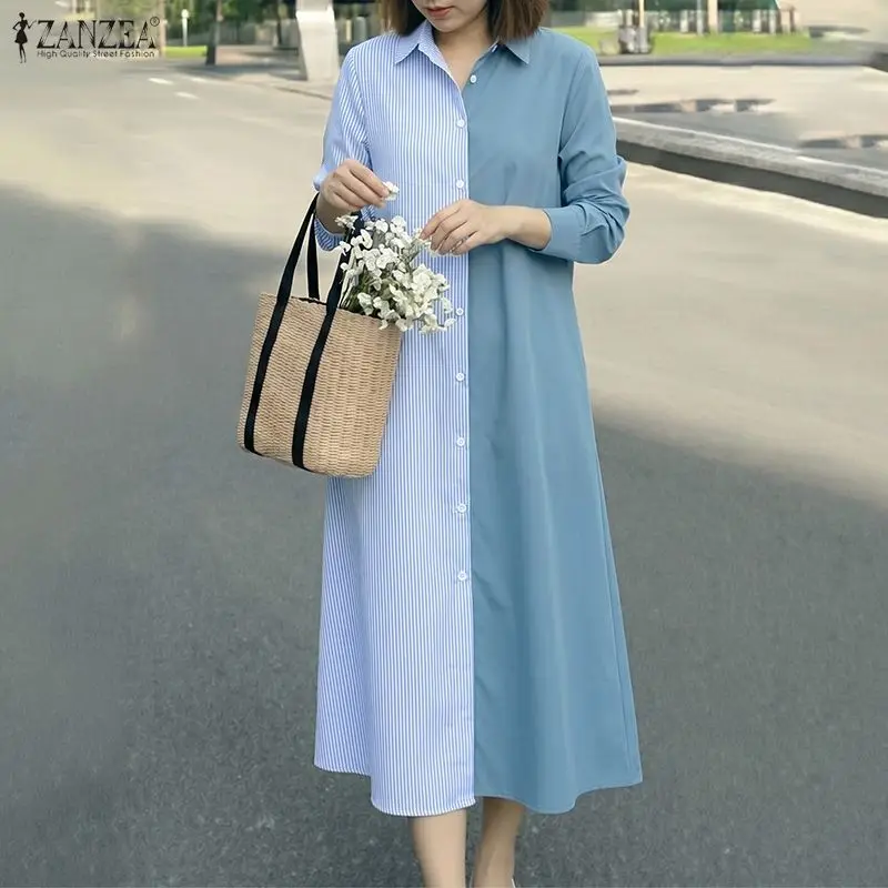 ZANZEA Women Long Sleeve Shirt Dress Asymmetrical Stripe Colorblock Button Down Casual Korean Collar Autumn Maxi Long Dresses