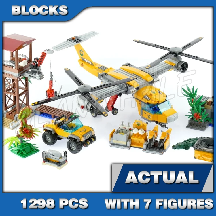 

1298pcs City Jungle Air Drop Helicopter Work Tower Riverboat Temple Bridge 10713 Building Blocks Toys Compatible With Model