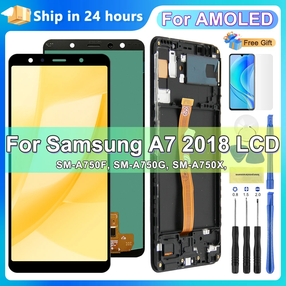 Display for Samsung A750 with Frame, for Samsung Galaxy A7 2018 A750 A750F Lcd Display Touch Screen Digital Assembly Replacement