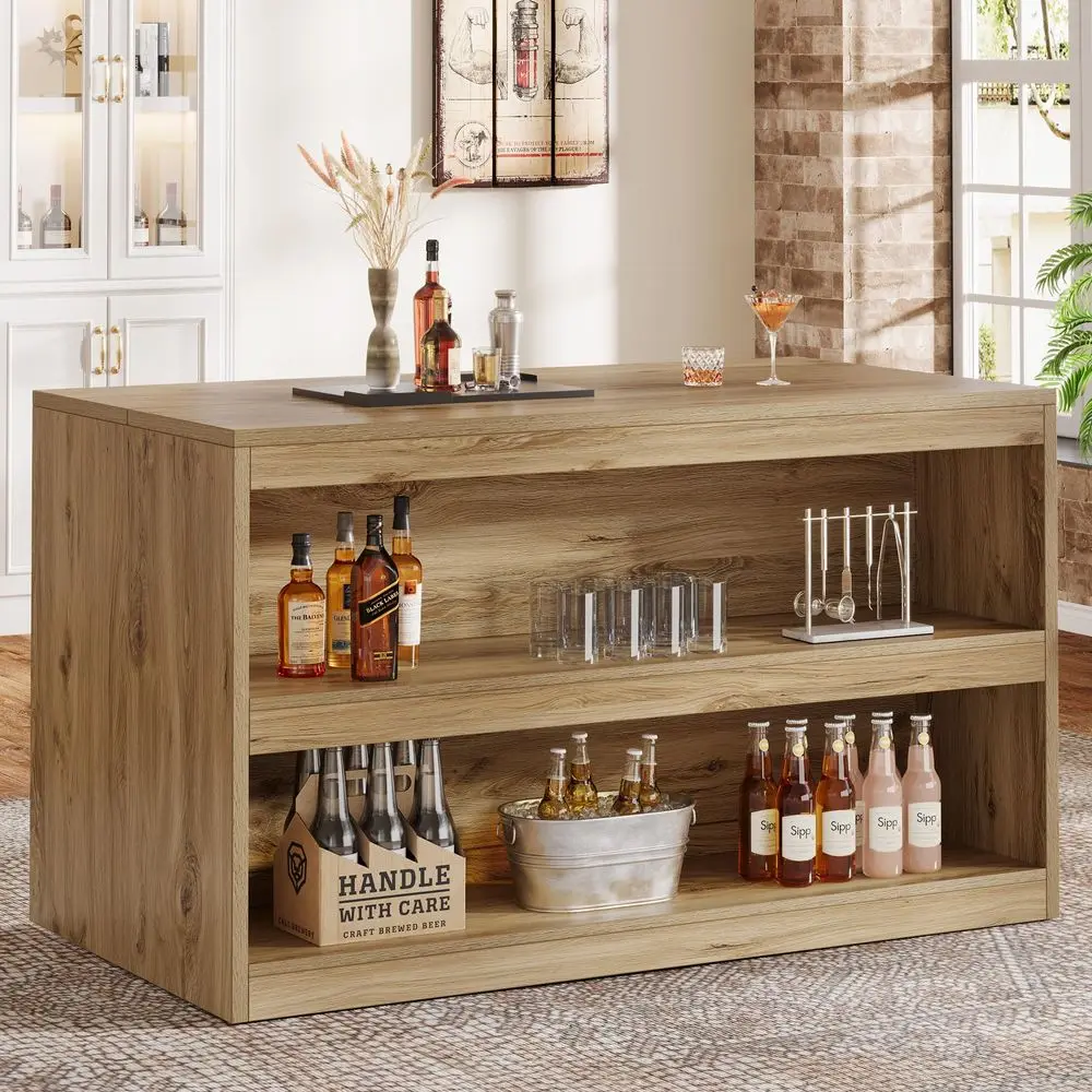 

59Inch Home Bar Table, Rectangular Pub Table with 2Tier Open Shelves, Farmhouse Coffee Bar Cabinet for Kitchen, Bistro, Dining