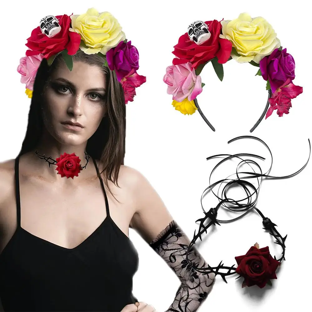 Set da 3 pezzi Accessori per costumi di Halloween Novità Copricapo per il giorno dei morti Fascia per capelli con teschio rosa