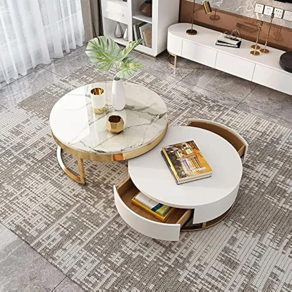 

White Round Coffee Table with Storage White Faux Marble Nesting Coffee Table with Rotatable Drawers