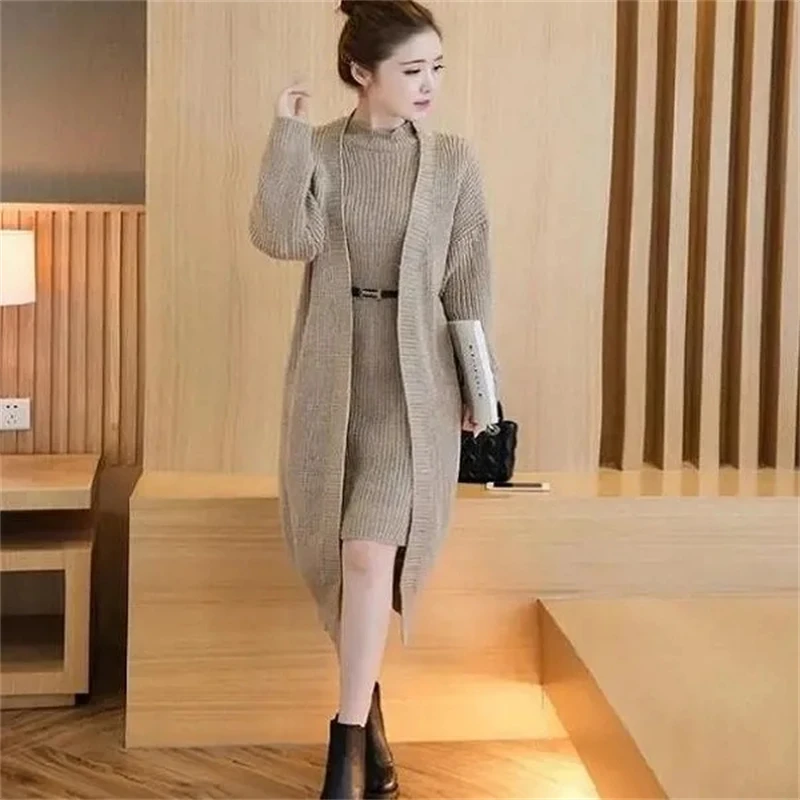 Loose Knitted Dress 2 Piece Set Casual Mid-lenght Cardigan + Sleeveless Belt Vestidos Suits Winter Knitwears Dresses Conjuntos