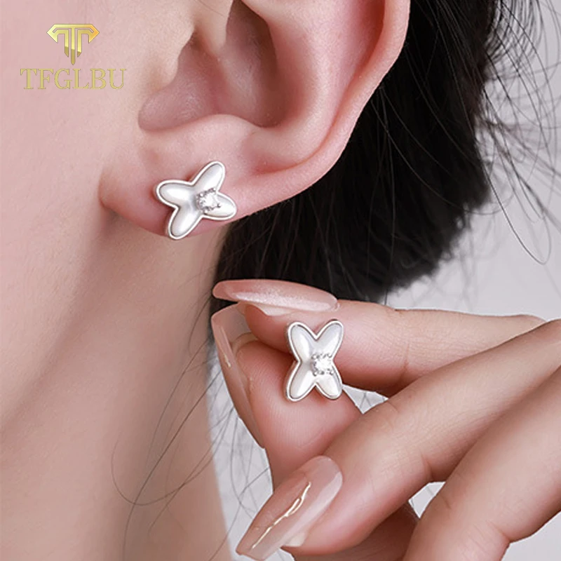 TFGLBU Cute 3mm D Vvs1 Moissanite Stud Earrings for Women Shine X Shape Ear Dating Party Gift Solid 925 Silver Wholesale Jewelry